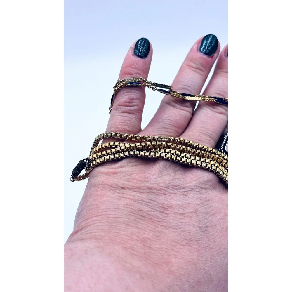 2 Les Bernard Inc Vintage Gold Tone Box Chain and Blue Enamel Necklace Set 2pc
